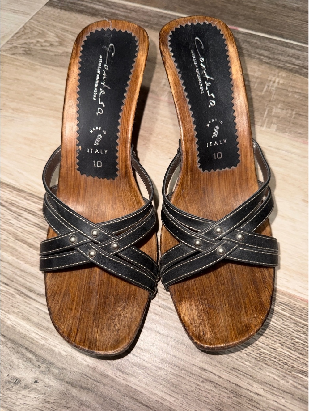 Contesa Strappy Studded Sandals Platform Cutout Wooden Wedge Heel 10 EUC